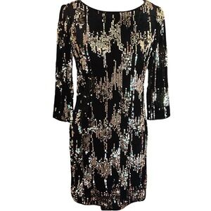 Sz 4 Elija J black velvety cocktail dress with gold sequins